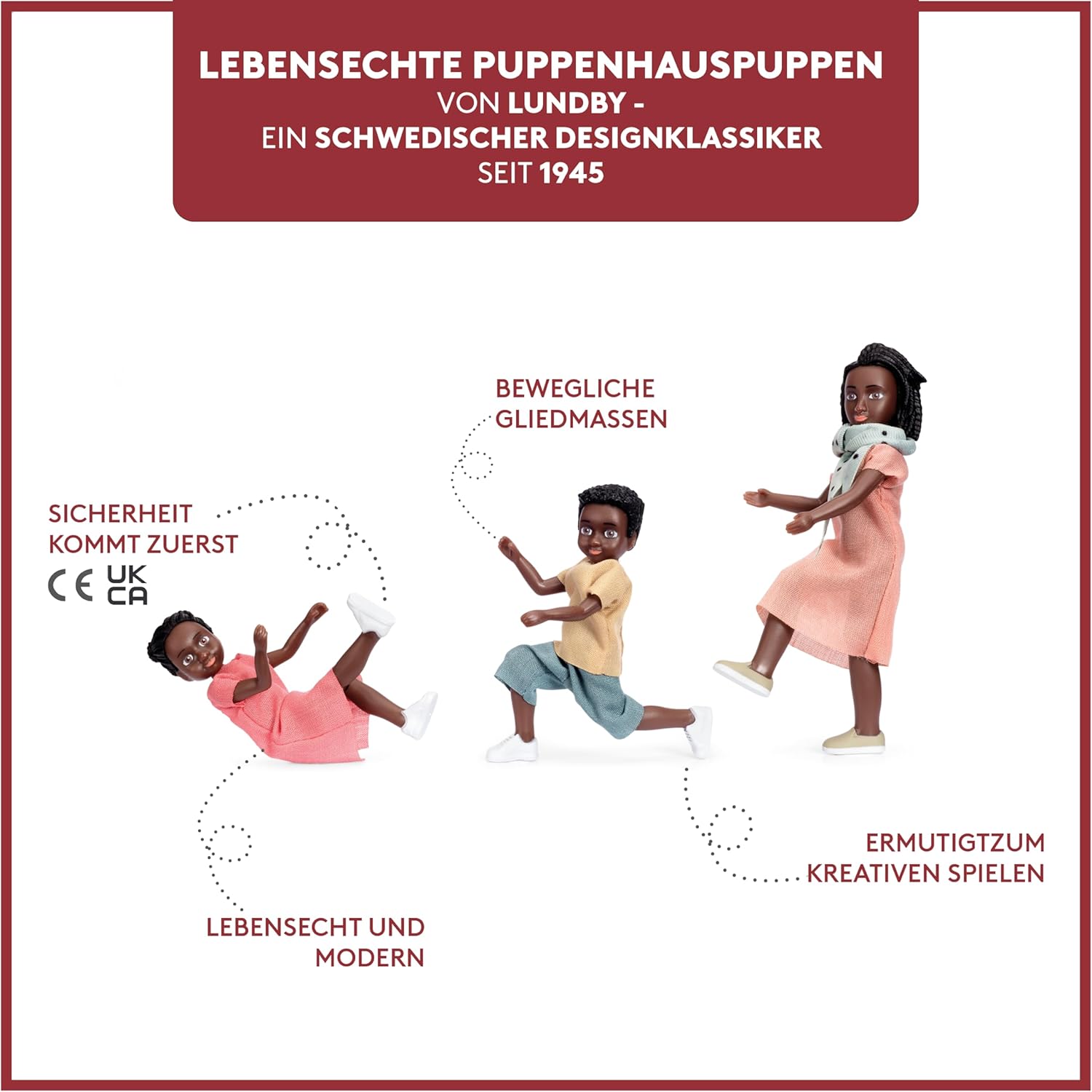 Lundby Puppen für Puppenhaus-Familie – dunkelhäutige Puppenfamilie Billie – Biegepuppen – Zubehör & Figuren – Maßstab 1:18