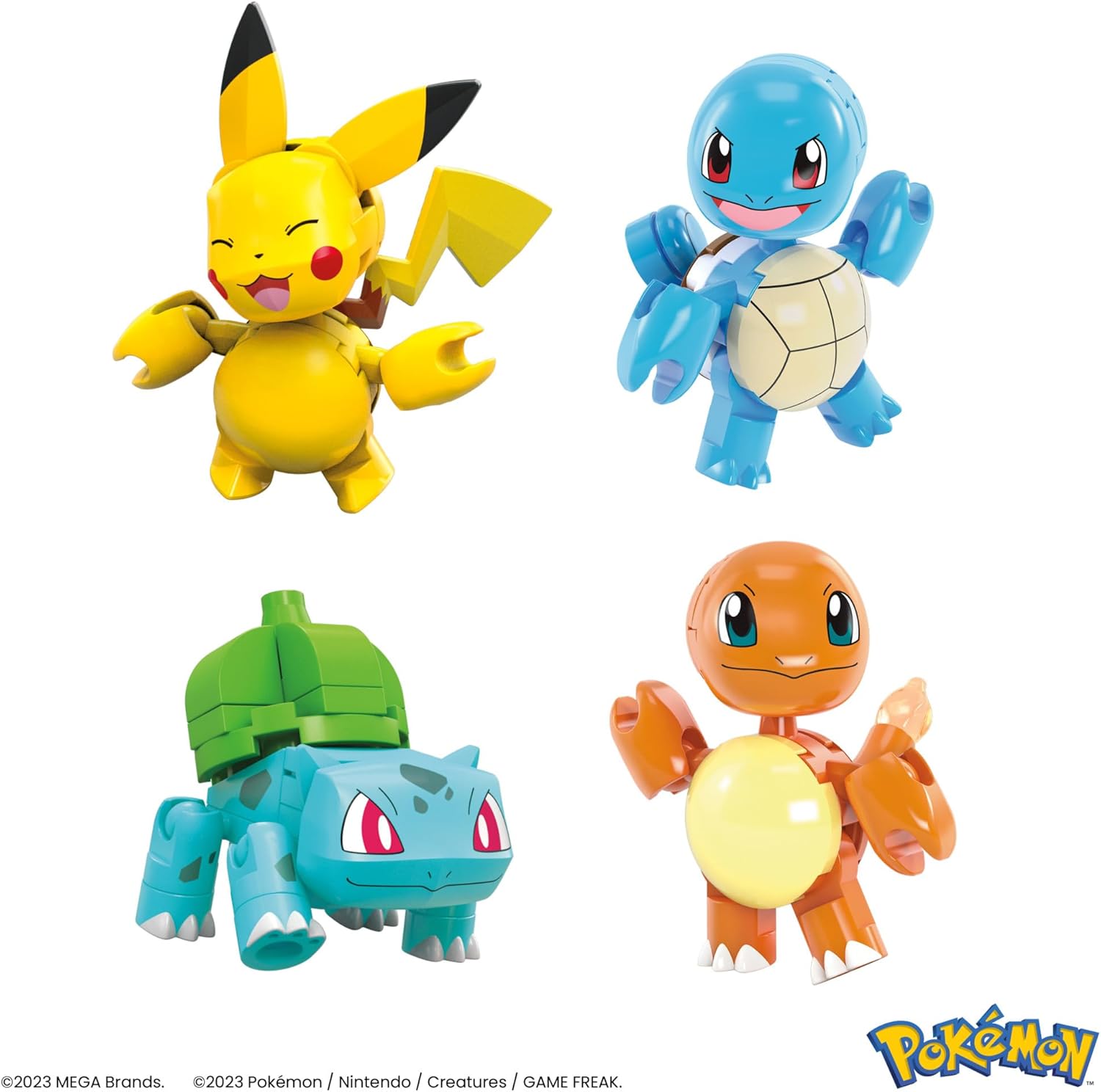 MEGA Pokémon Trainerteam - Pikachu, Bisasam, Glumanda, Schiggy, Hopplo, Chimpep, Memmeon und Wolly und 8 Pokébällen zum Ausstellen, für Kinder ab 6 Jahren, HTJ75