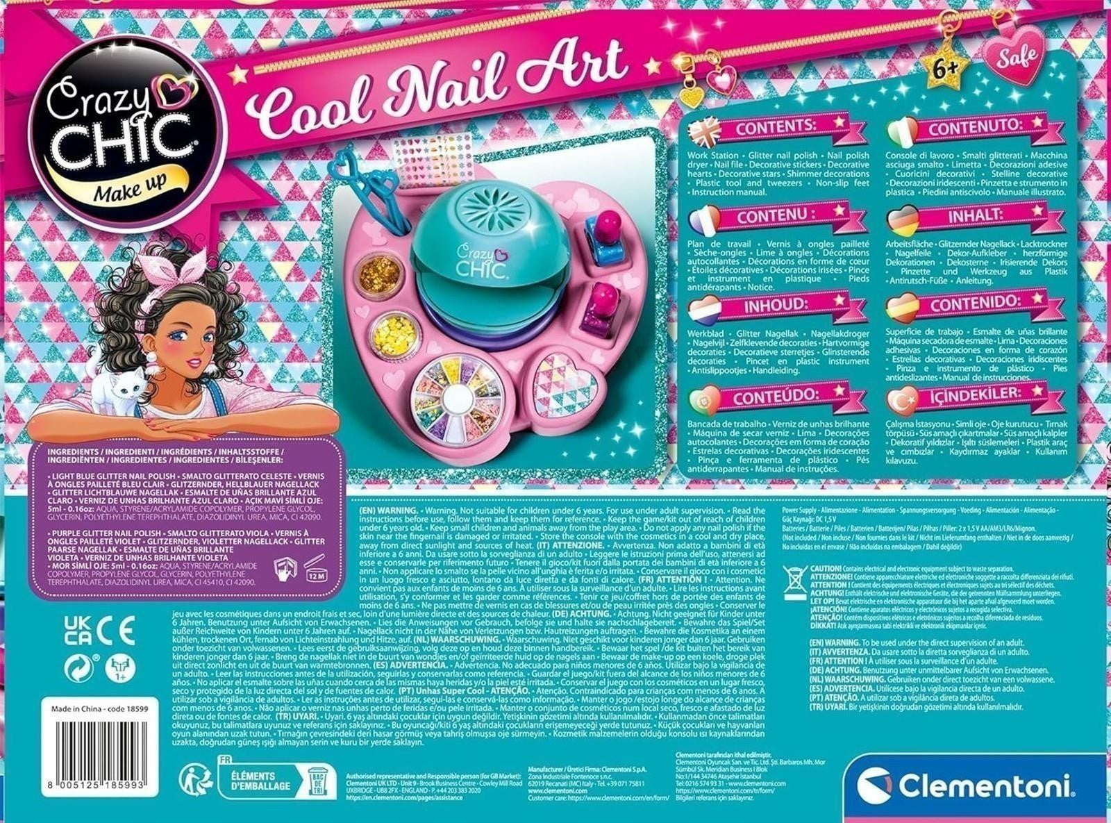 Clementoni Crazy Chic Cool Nail Art - DIY Nageldesign-Set für Kinder ab 6 Jahren - Kreativ-Spielzeug inkl. Nagellacke, Sticker, Glitzer & Nageltrockner 18599