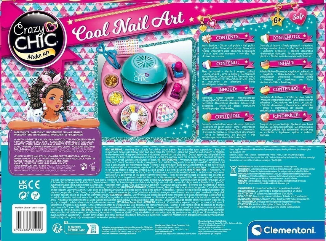Clementoni Crazy Chic Cool Nail Art - DIY Nageldesign-Set für Kinder ab 6 Jahren - Kreativ-Spielzeug inkl. Nagellacke, Sticker, Glitzer & Nageltrockner 18599