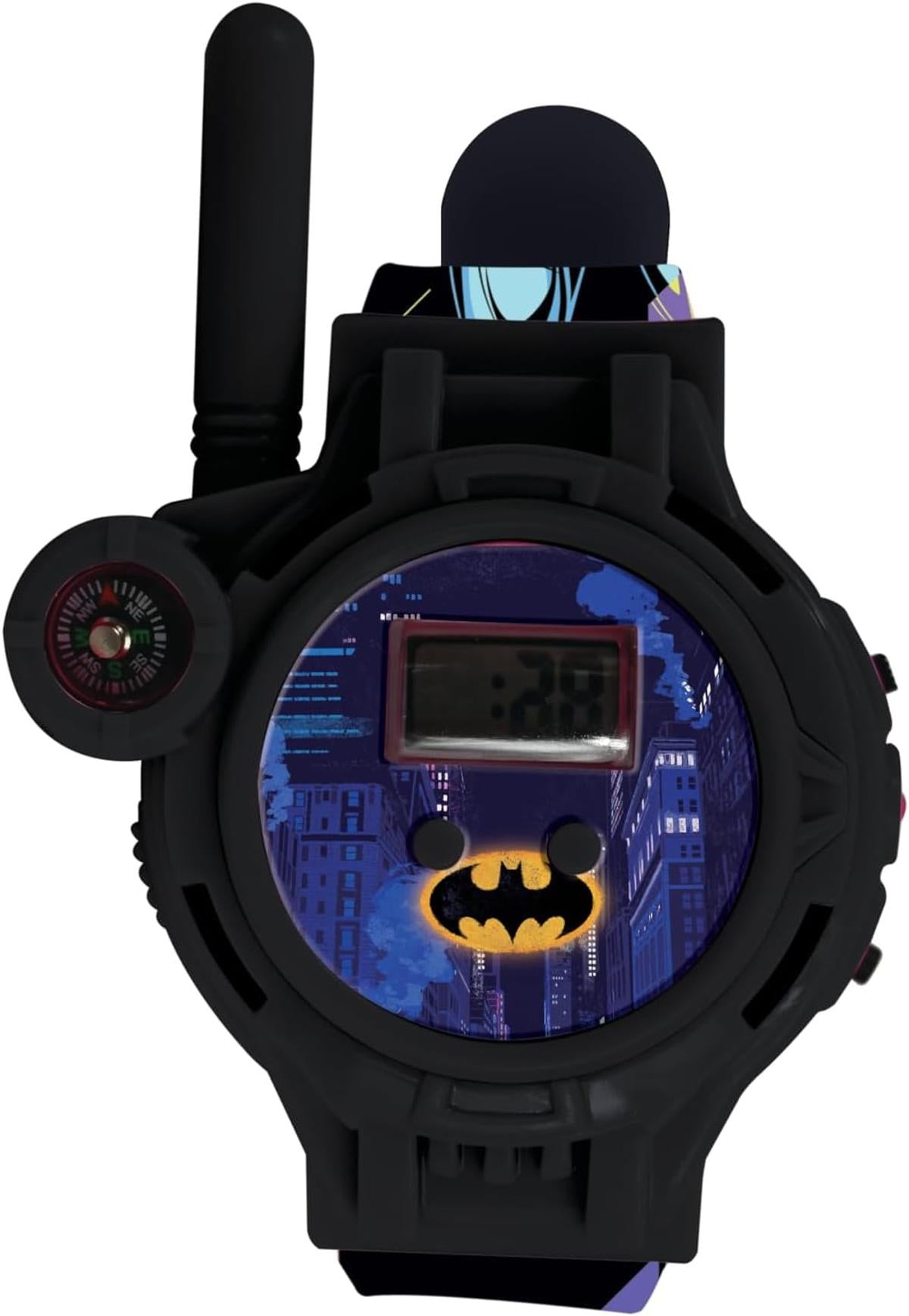 Lexibook, Batman, Walkie-Talkie-Uhren, 2 Stück, Reichweite bis zu 200m, Taschenlampe, Kompass, Wiederaufladbar, Schwarz/Grün und Blau/Rot, DMWTW1BAT