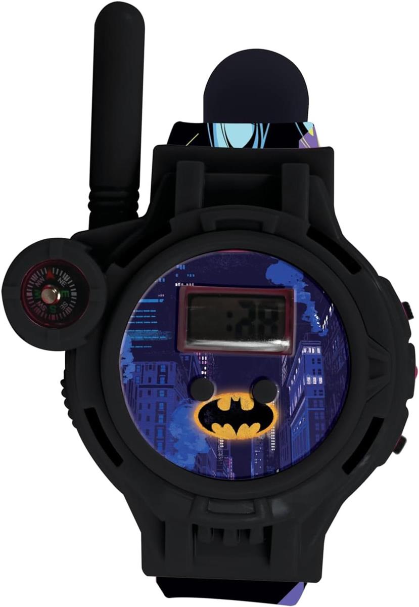 Lexibook, Batman, Walkie-Talkie-Uhren, 2 Stück, Reichweite bis zu 200m, Taschenlampe, Kompass, Wiederaufladbar, Schwarz/Grün und Blau/Rot, DMWTW1BAT