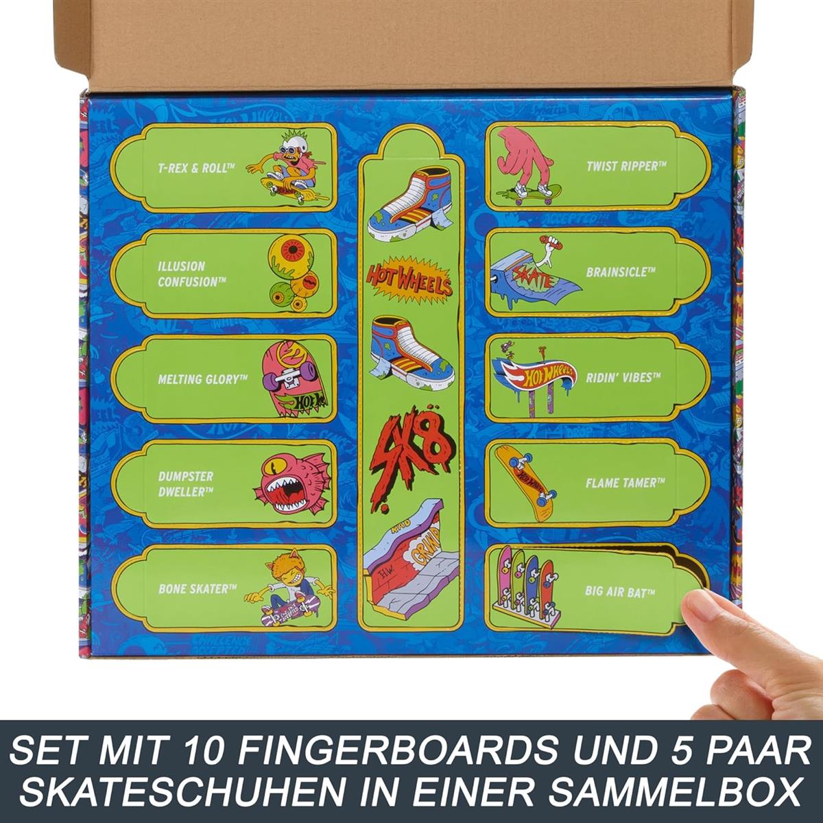 Hot Wheels Skate-Fingerboards 10er-Pack, Set aus 10 Finger-Skateboards mit 5 Paar abnehmbaren Skateboard-Schuhen im Hot Wheels Design, HTP59