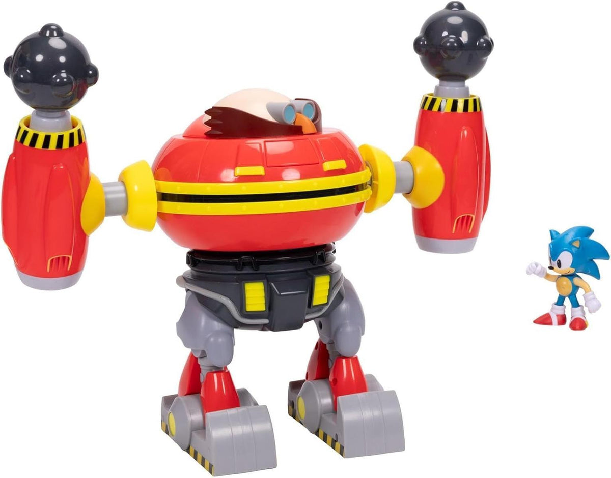 Sonic The Hedgehog – Riesiger Eggman-Roboter-Kampfset, offiziell lizenziert von Jakks Pacific, 23 cm großes Spielset, Kanonen schießender Eggman-Roboter mit Sonic-Figur enthalten