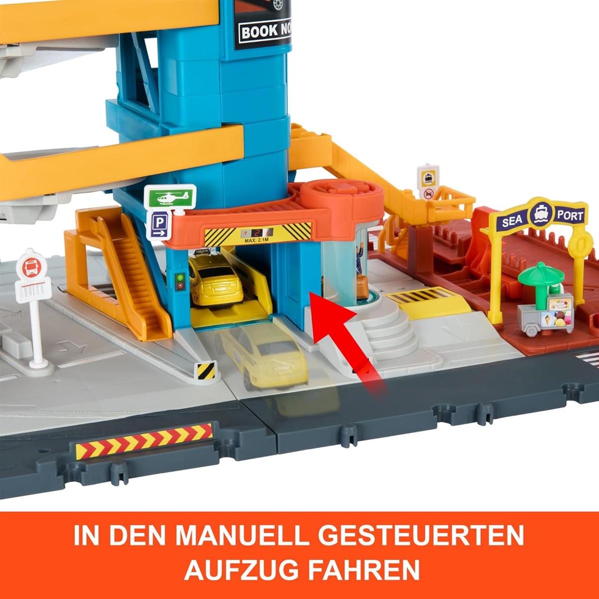 Matchbox Spielzeugautos und Spielset, Transport-Center mit 5 Etagen, von Kindern und Autos aktivierbare Funktionen, enthält Taxi, Boot und Hubschrauber im Maßstab 1:64 sowie Essensverkäufer-Accessoire