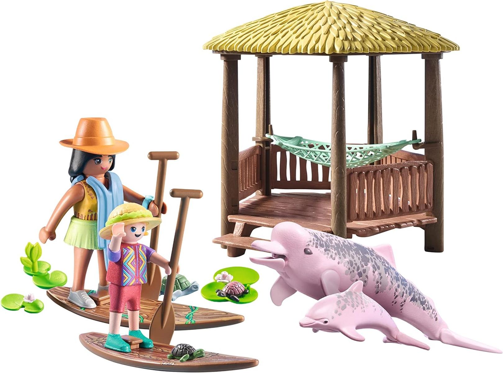 PLAYMOBIL Wiltopia 71143 Paddeltour mit den Flussdelfinen, Inkl. Strandhütte mit Hängematte, Wildlife Expedition für die kleinen Hobbyforscher, Nachhaltiges Spielzeug für Kinder ab 4 Jahren