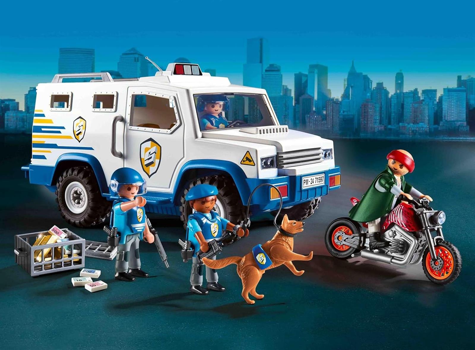 PLAYMOBIL Action Heroes 71597 Geldtransporter, spannende Ganovenjagd, inklusive DREI Polizisten, einem Ganoven auf einem Motorrad und einem Polizeihund, actionreiches Spielzeug für Kinder ab 4 Jahren
