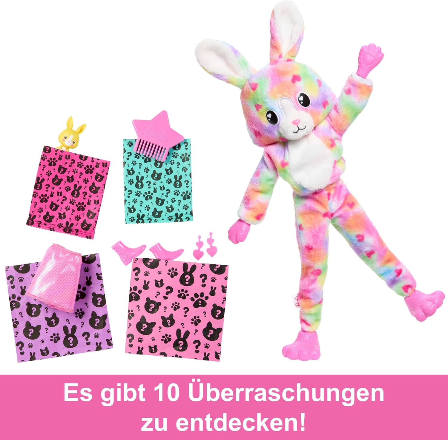 Barbie Cutie Reveal Puppe und Accessoires, Batik-Häschen-Plüschkostüm und 10 Überraschungen mit Farbwechsel, Color Dream-Reihe, HRK38