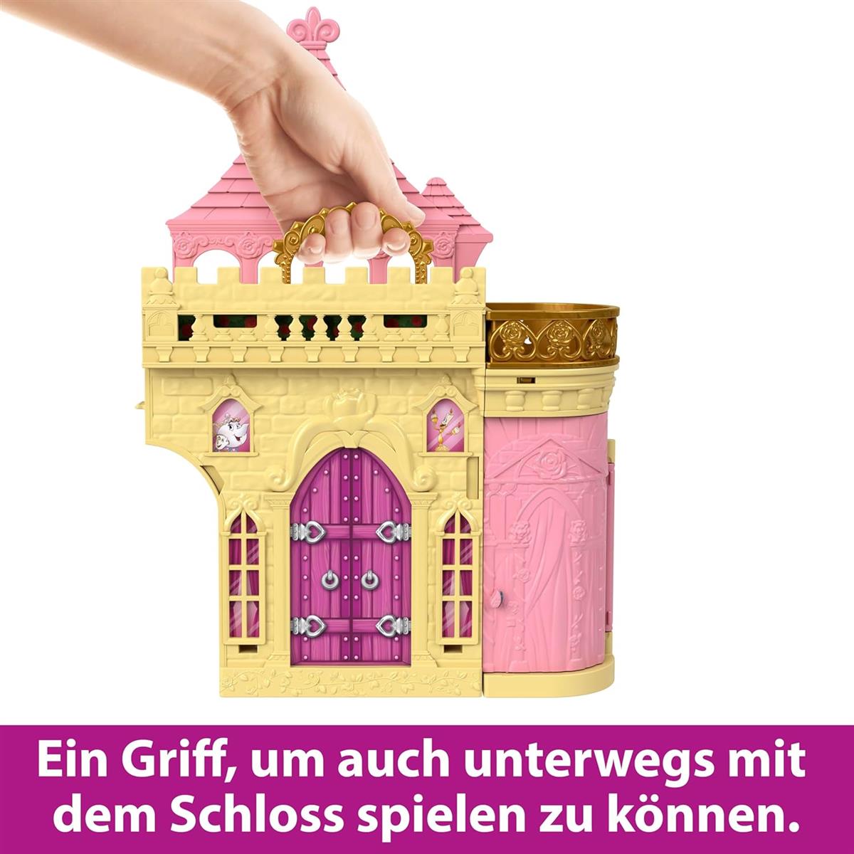 Mattel Disney Prinzessin-Spielzeug Belles Stapelschloss Puppenhaus-Spielset mit kleiner Puppe und 9 Teilen inspiriert von dem Disney-Film Reisespielzeug und Geschenke für Kinder JDP54