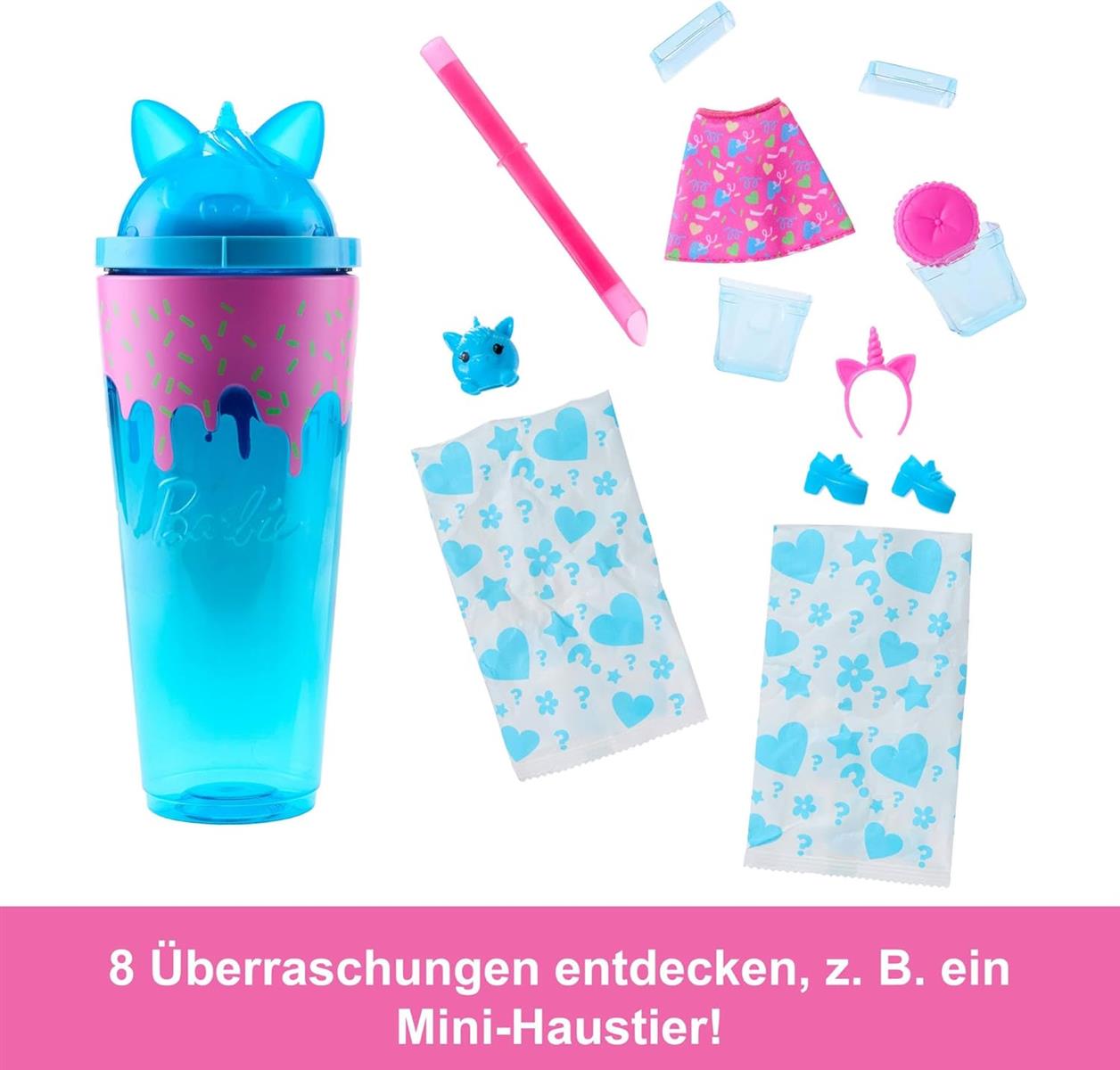 Barbie Pop Reveal Set aus Puppe und Accessoires, Shakes-Serie, duftende Einhorn-Modepuppe & Haustier, 8 Überraschungen inklusive Farbwechsel, JCN86