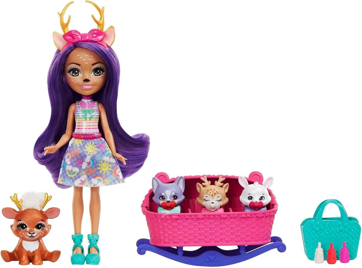 Enchantimals Baby Best Friends - Danessa Deer und Sprint Puppe mit 12 Überraschungen in jeder Box, 9 Baby-Zubehörteile, Babytragesitz und Wickeltasche, für magischen Sammelspaß, HLK84