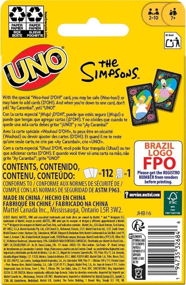 Mattel Games UNO The Simpsons Kartenspiel für Kinder, Erwachsene & Familienabende, Partys, Reisen und Camping, Spielzeug-Sammelstück, inspiriert von der Serie