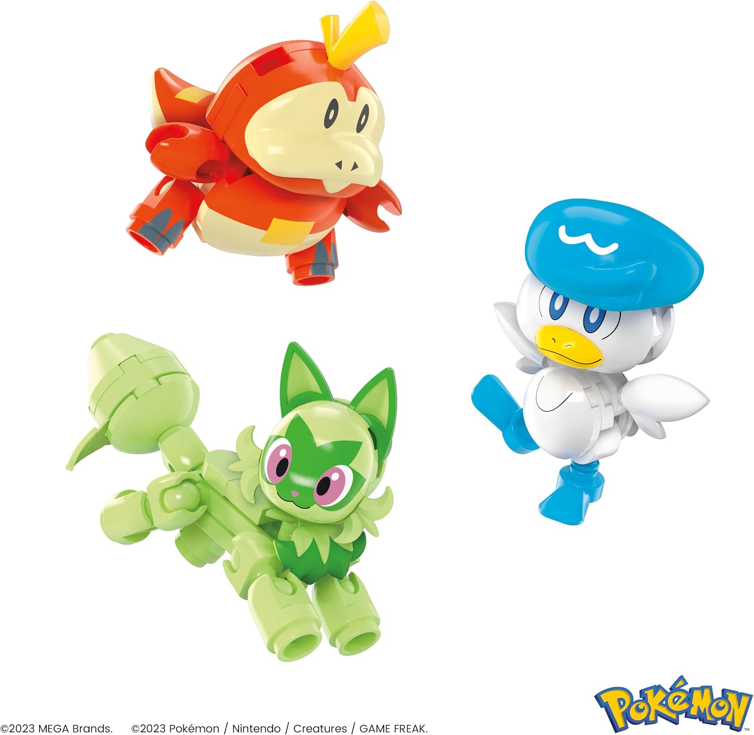 MEGA POKÉMON Paldea-Region - Pikachu und die ersten Partner-Pokémon Felori, Krokel und Kwaks, Zusammenbaubares und bewegliches Set mit 4 Figuren und 1 Pokéball zum Ausstellen, HPX92