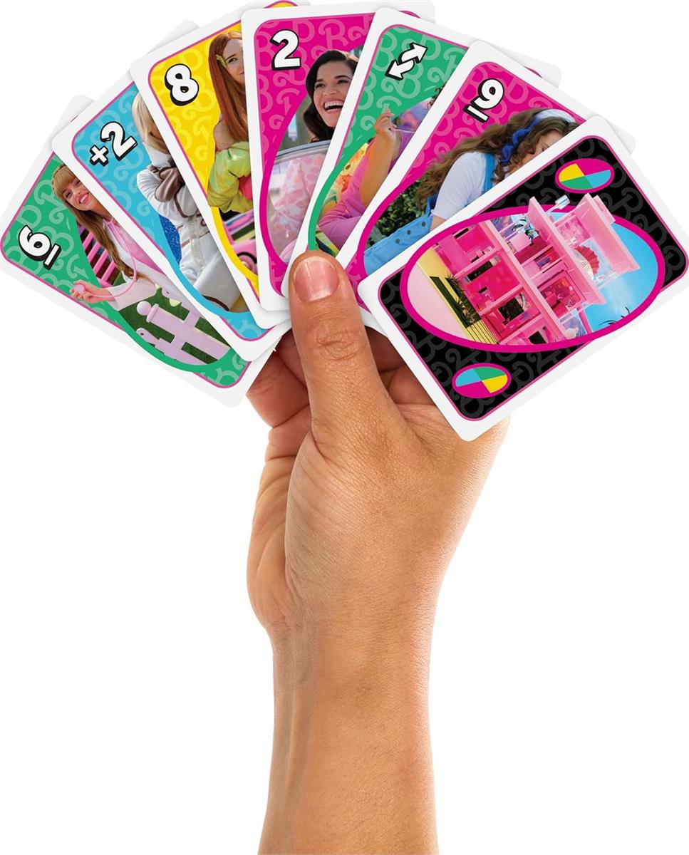 Barbie The Movie - UNO Kartenspiel für Filme Fans mit Lieblingscharakteren und unvergesslichen Szenen, Sonderregel Zu viel gespielt, für 2-10 Spieler ab 7 Jahren, HPY59