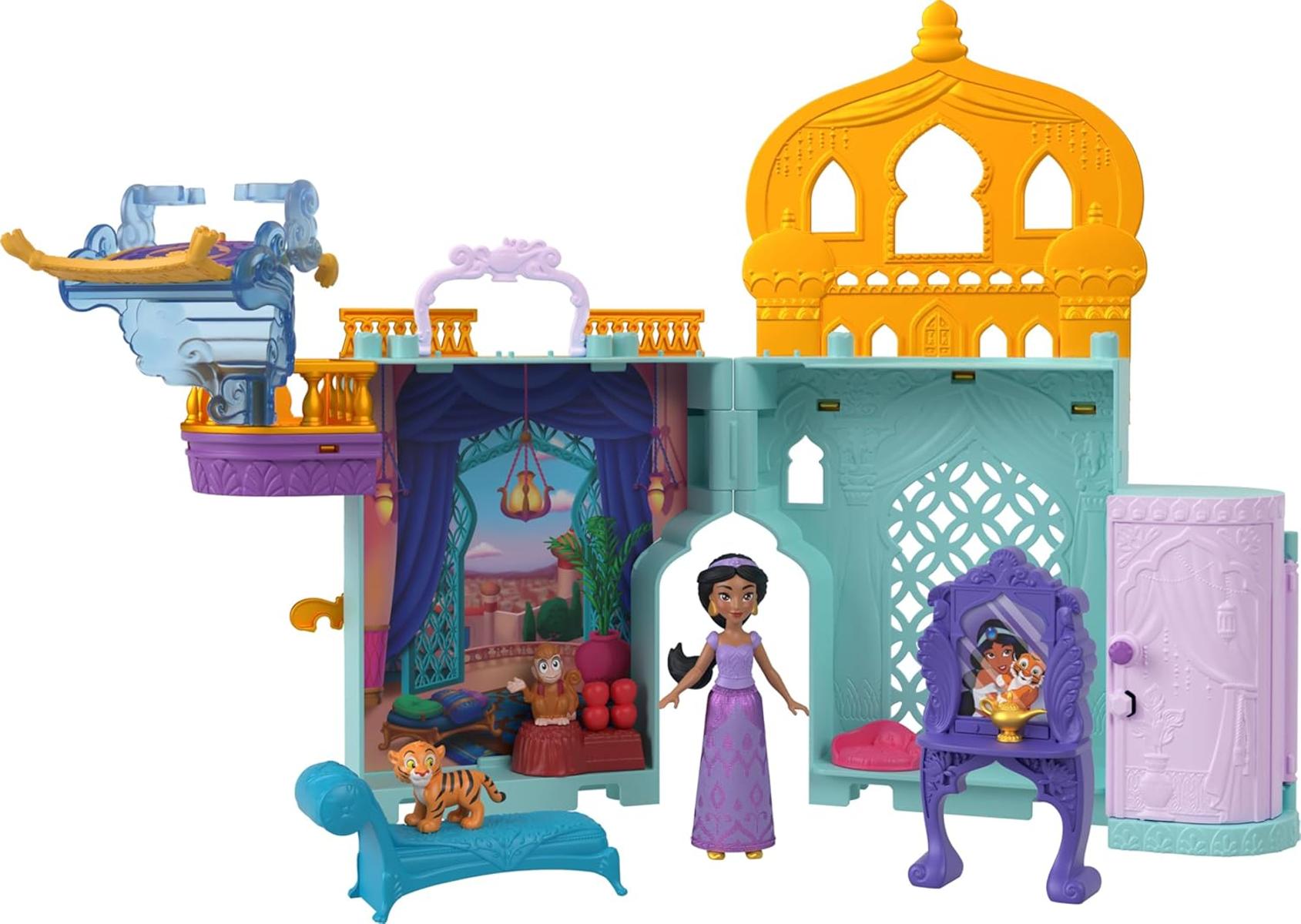 Mattel Disney Prinzessin Jasmins Stapelschloss Puppenhaus-Spielset mit kleiner Puppe, 2 Freunden und 8 Teilen, inspiriert vom Disney-Film Aladdin“, JDP56