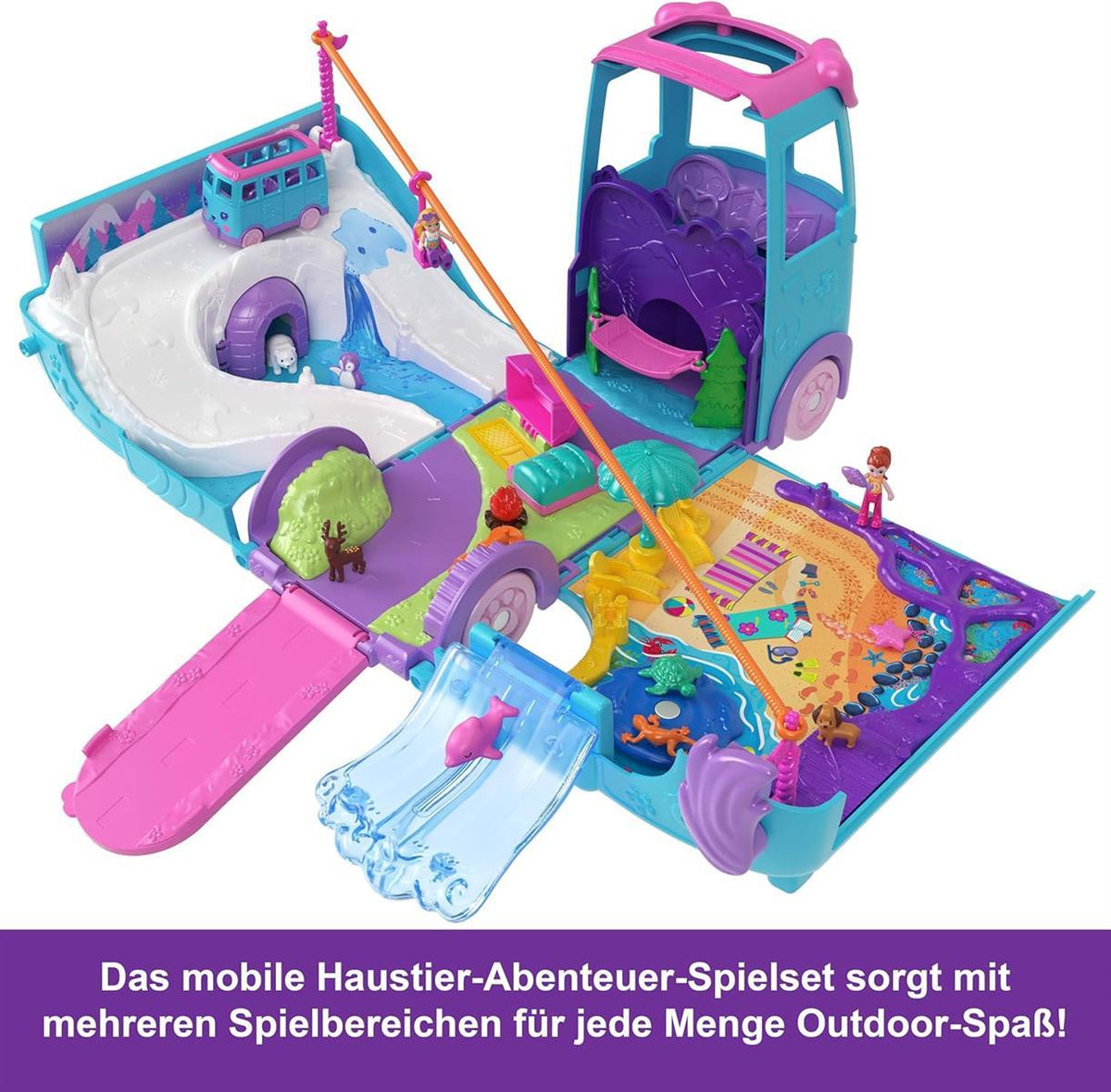 Polly Pocket-Mikropuppen und umwandelbarer Camper, mit Accessoires wie Haustieren und Spielzeugauto, mobiles Haustier-Abenteuer-Spielset, JCC22