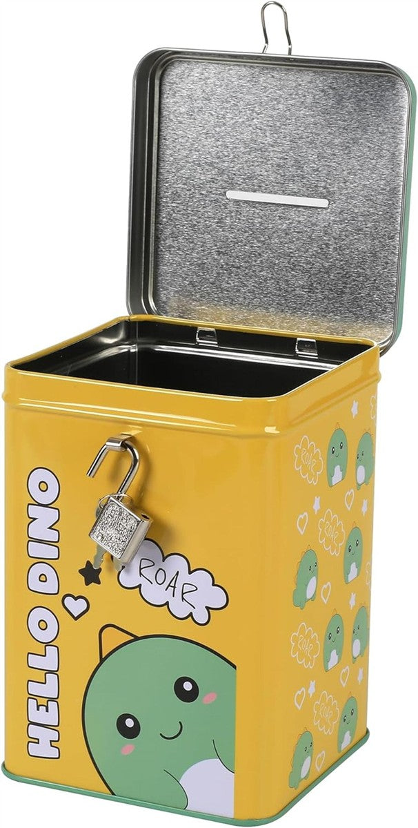 I-TOTAL® Spardose mit Vorhängeschloss Schlüssel Sparbüchse aus Metall Hello Dino