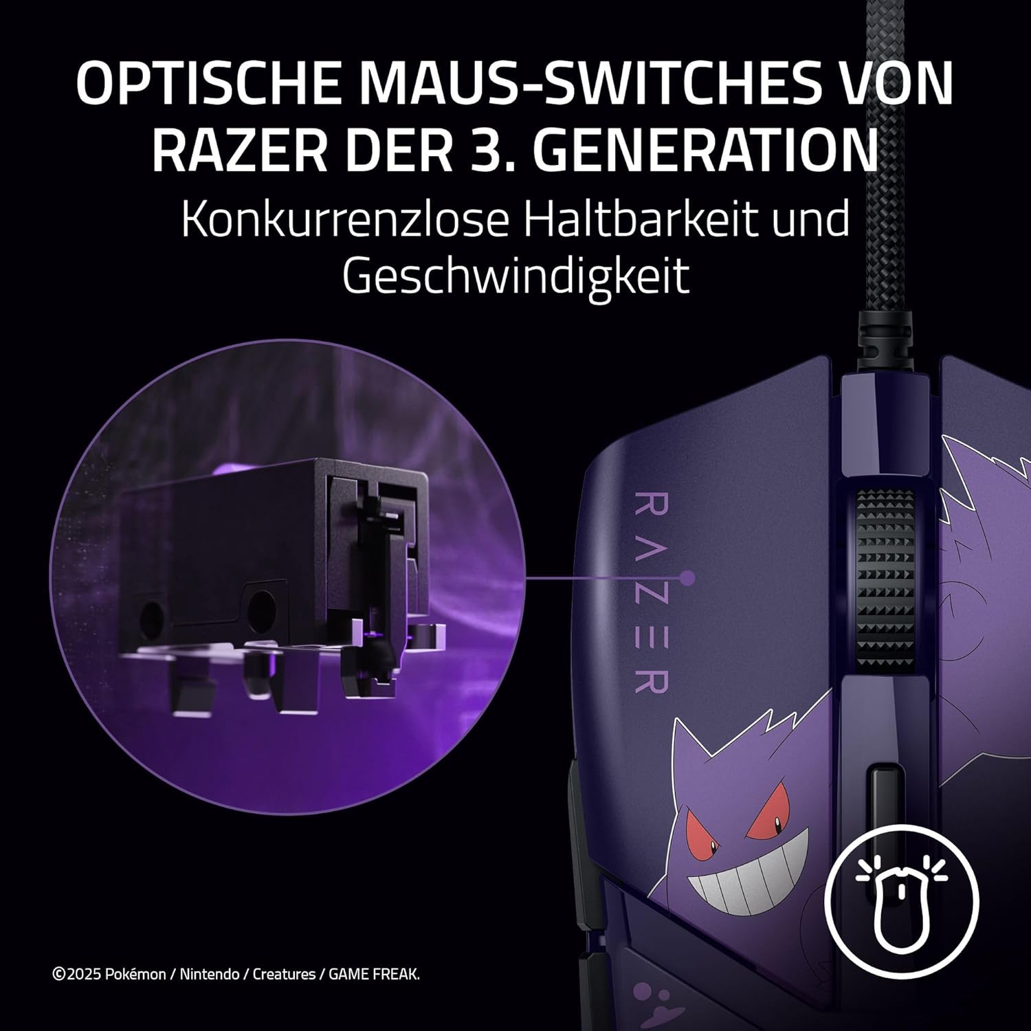 Razer Cobra Gengar Edition - Leichte kabelgebundene Gaming-Maus - 8500 DPI Sensor - 58g - optische Mausschalter 3th Gen - Chroma-Beleuchtung - Speedflex-Kabel - PC/MAC | Pokémon Gengar