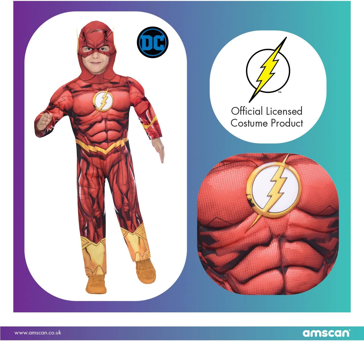 Amscan - Kinderkostüm The Flash, bedruckter Overall mit Kopfbedeckung, 100 % recycelte Materialien, Serie, DC Super Heroes, Motto-Party, Karneval Größe 104