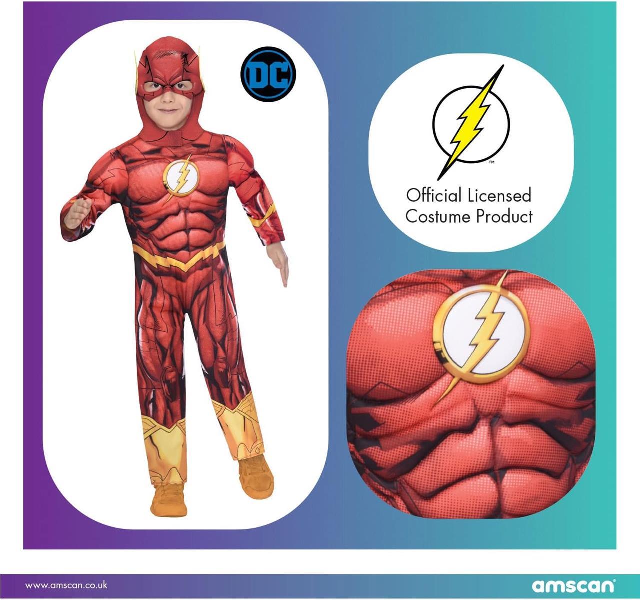 Amscan - Kinderkostüm The Flash, bedruckter Overall mit Kopfbedeckung, DC Super Heroes, Motto-Party, Karneval Größe 104