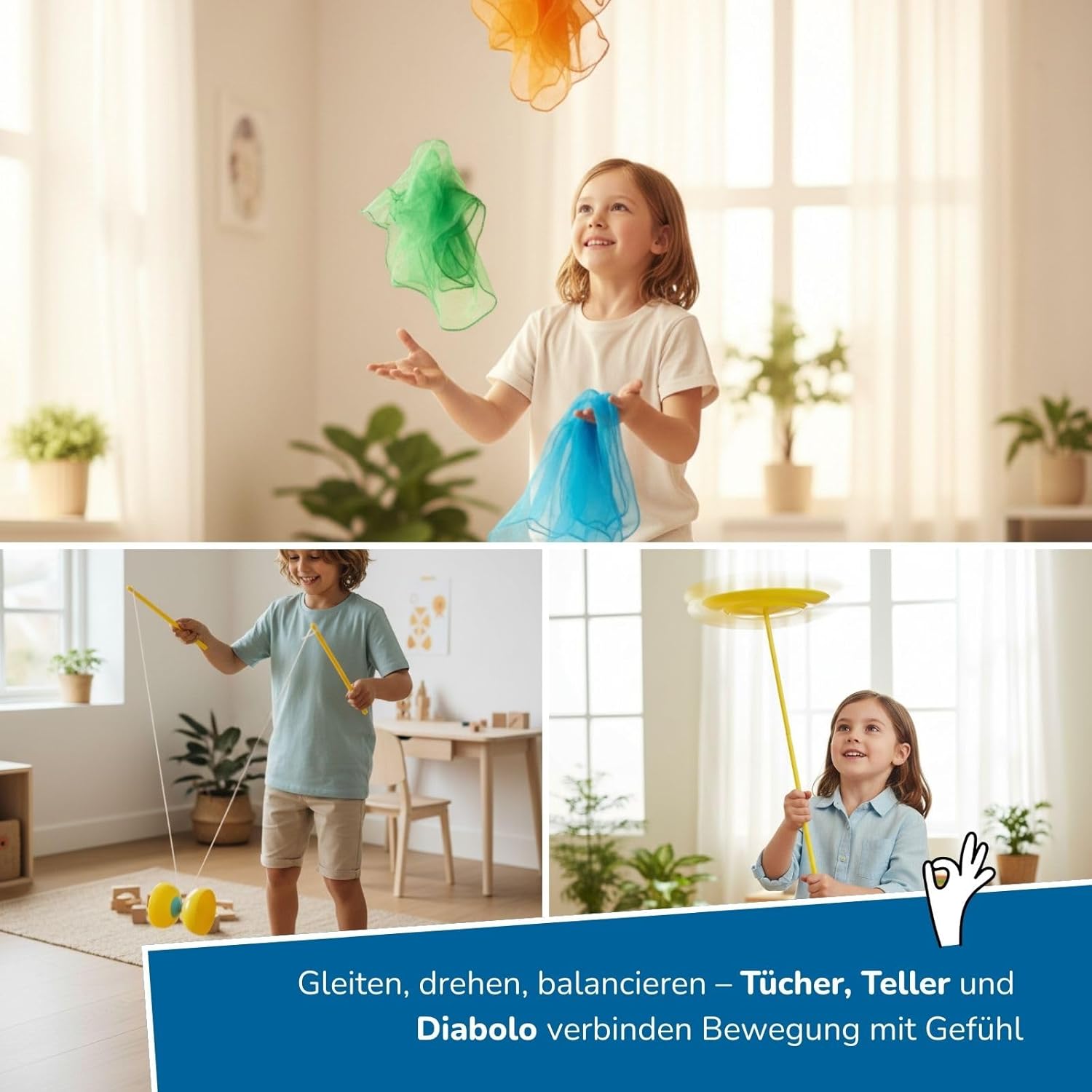 alldoro 60130 Jonglier-Set 16-tlg., inkl. Jonglierbälle, Tücher, Ringe, Keulen, Diabolo & Teller im Netzrucksack, für Kinder ab 3 Jahren & Einsteiger
