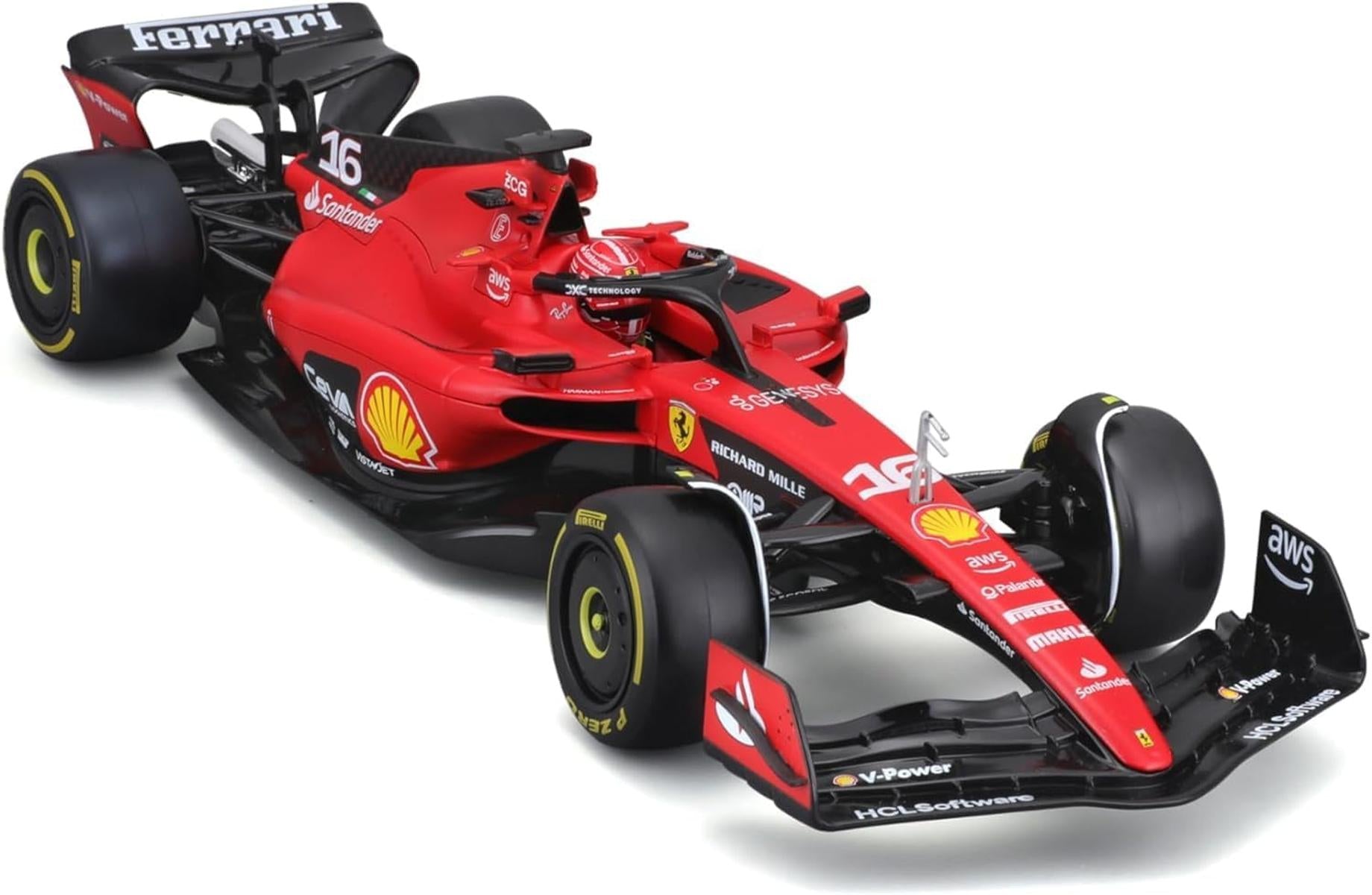 Bburago Formel 1 Ferrari SF-23 (2023: Modellauto Maßstab 1:24 von Fahrer #16 Charles Leclerc Hardcase 26 cm rot (18-26808L)