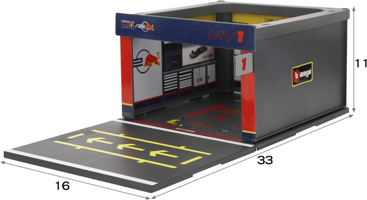 Bburago - Pit Stop Red Bull RB20 2024#1 Verstappen, Spielset mit Diorama, 1:43 und 6 Mechanikern, Detailgetreu, Red Bull-Lizenz, Alter 3+