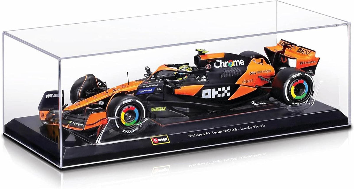 Bburago Formel 1 McLaren MCL38 (2024): Modellauto im Maßstab 1:24, mit Fahrer #4 Lando Norris, Hardcase, 26,1 cm, orange schwarz (18-28033N)