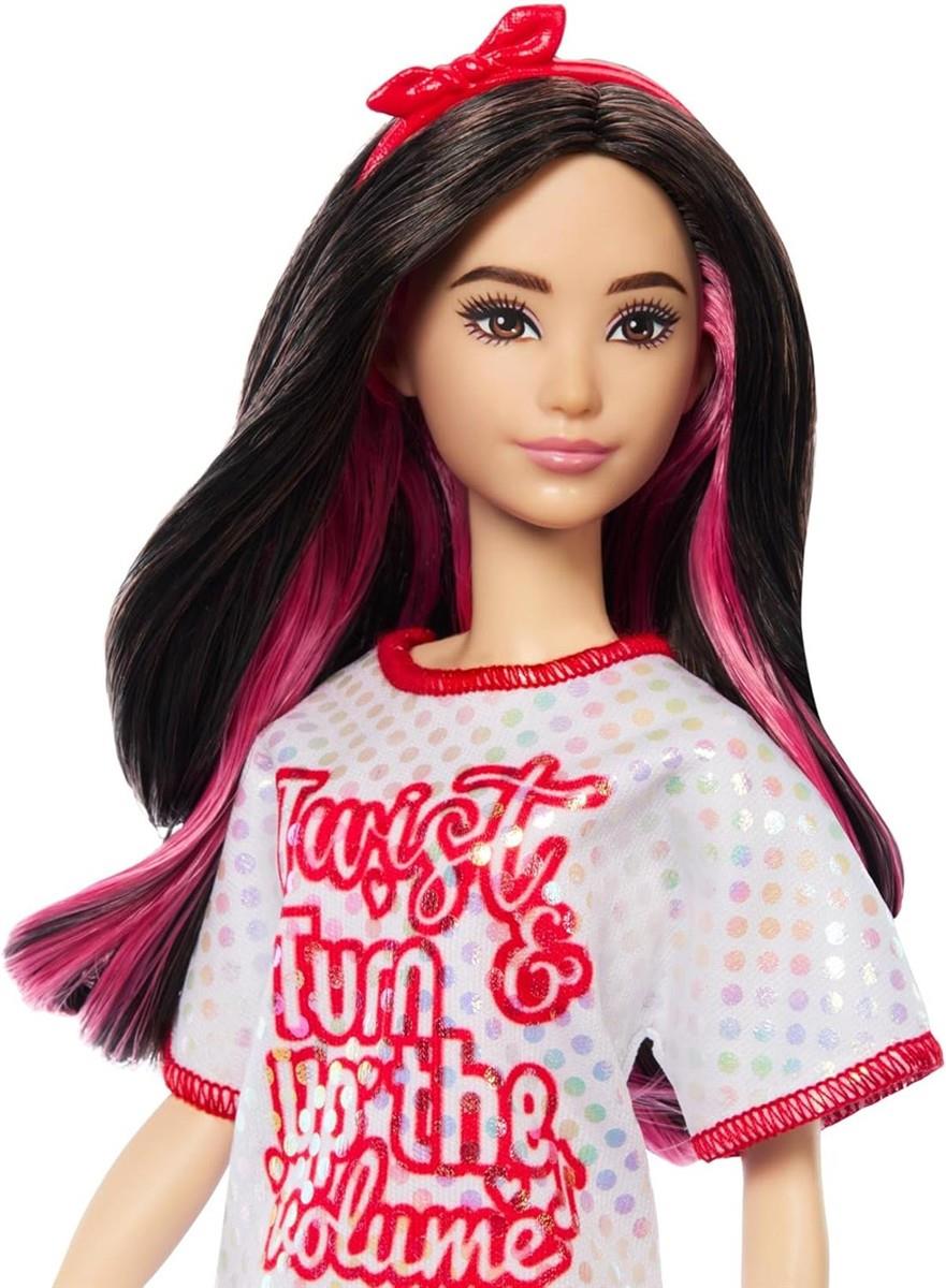 Barbie Fashionistas Puppe Nr. 214 mit schwarzem, gewelltem Haar, Twist ’n Turn-Kleid und Zubehör, Modepuppe zum Sammeln anlässlich des 65. Jubiläums, HRH12