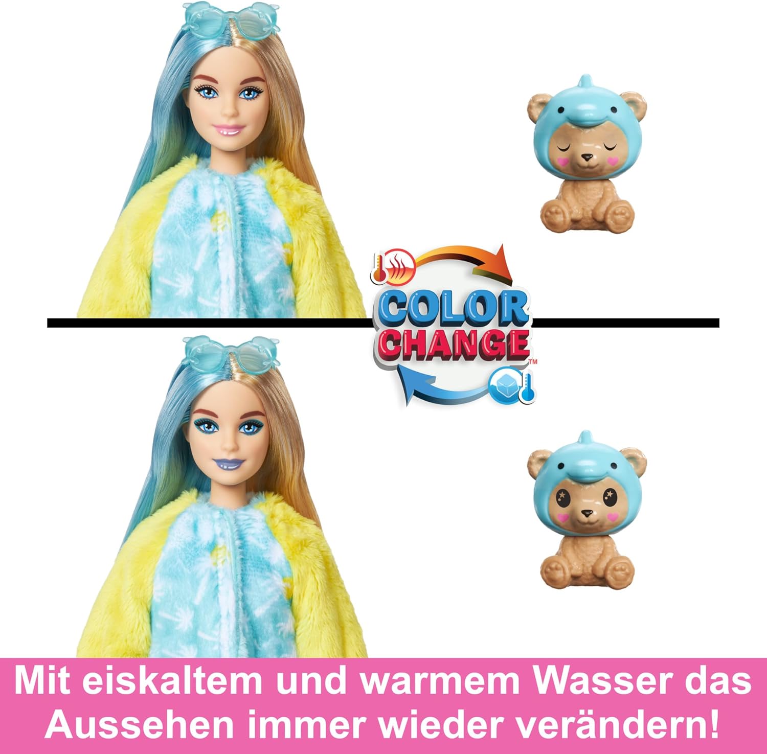 Barbie Cutie Reveal Puppe - 10 Überraschungen, Plüschtierfreunde, Outfits, Farbwechselspaß, Teddybär in Delfin-Plüschkostüm, Colorblock-Haare, Mini-Haustier, Fleece-Jacke, ab 3 Jahren, HRK25