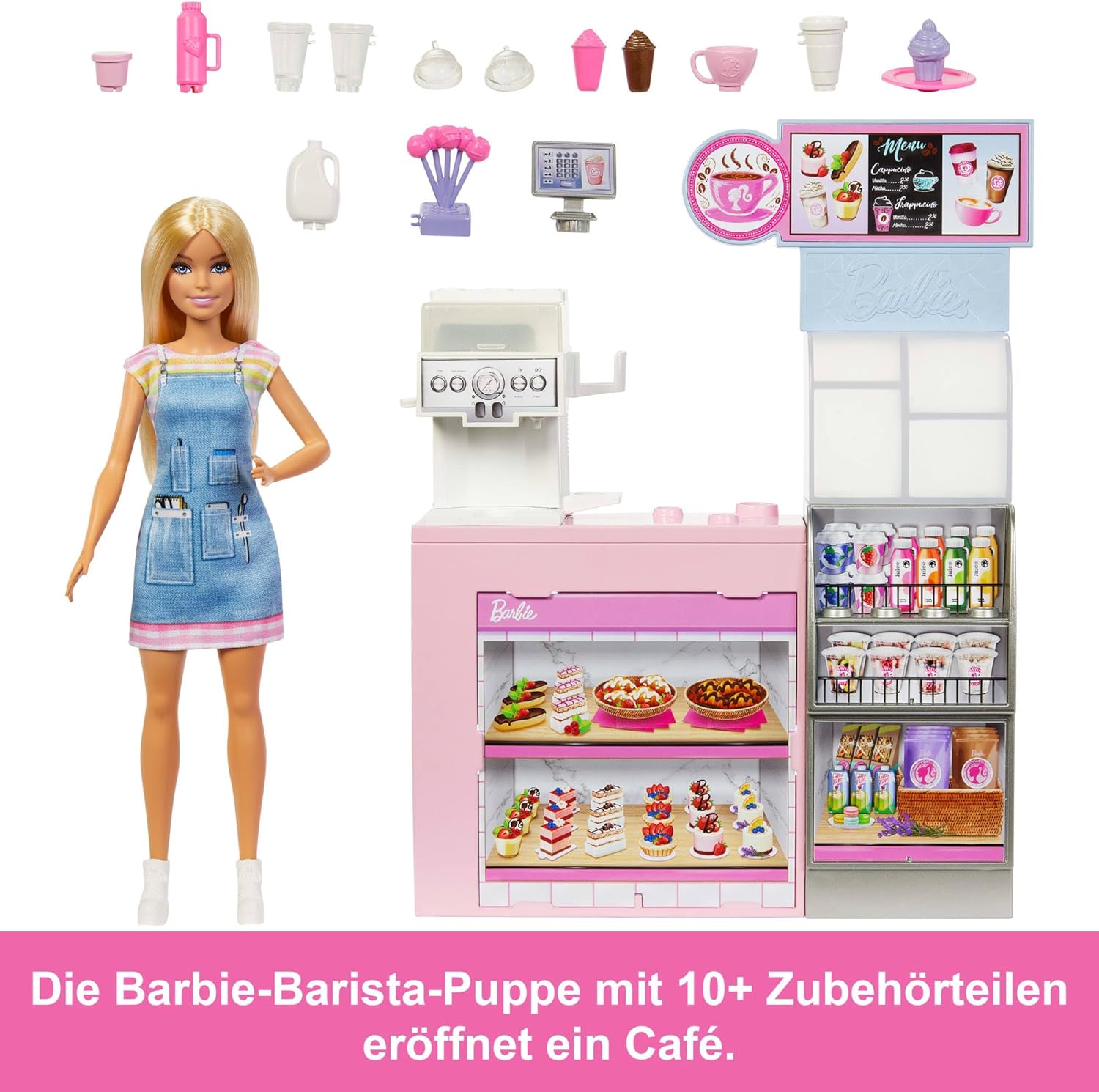 Barbie Naschcafé Spielset mit Blonder Barista-Puppe und über 12 Zubehörteilen, darunter Kaffeemaschine/Smoothie-Maker, Lebensmittel und Tassen, HXN94