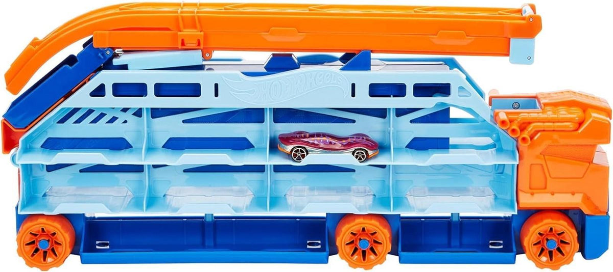 HOT WHEELS City Transporter - mit ausfahrbarer Abfahrtsrampe, Ladefläche für 20 Fahrzeuge und Spezialräder - Geschenk für Kinder ab 4 Jahren, HDY92
