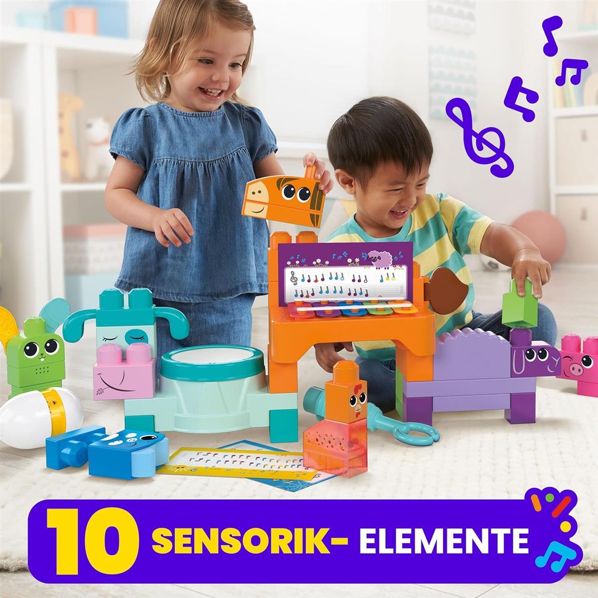 MEGA Blocks Fisher-Price sensorisches Bauspielzeugset, Musikspaß Bauernhoftiere mit 45 Bauklötzen für Kleinkinder und 6 Notenblättern, Geschenkideen für Kinder ab 1 Jahr, HPB46