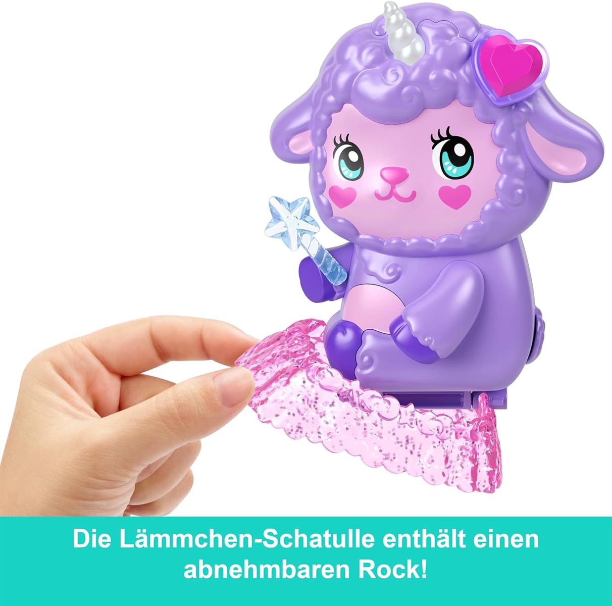 Polly Pocket Puppen und Spielset, Traumland-Schatulle in Lammform, Reisespielzeug mit 1 Minipuppe, Haustier-Einhorn, Futter- und Stylingzubehör, JCB15