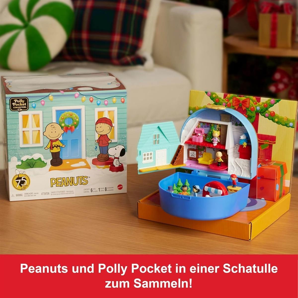 Polly Pocket x Peanuts Sammler-Schatulle, Minipuppen und Spielset, 7 thematische Zubehörteile, 4 symbolische Locations, Snoopy & Woodstock, JFV05