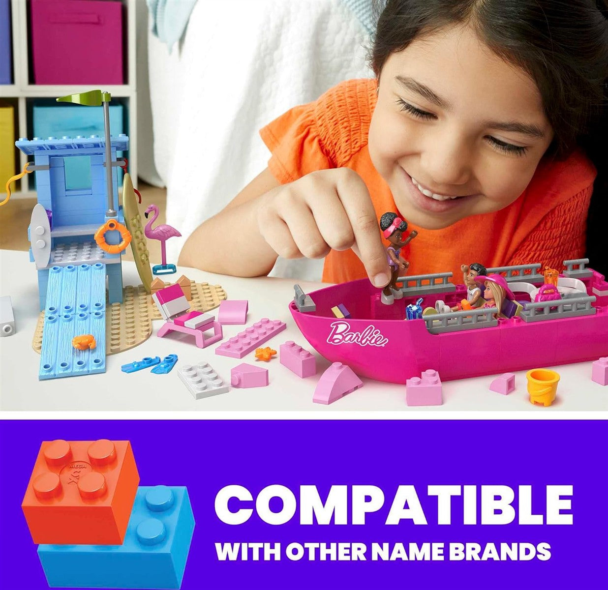 Barbie Malibu Traumboot - Bauset mit 317 Teilen, inkl. 3 Barbie-Puppen, 2 Haustiere, Mode- & Strandzubehör, kreatives Spielzeug für Kinder ab 6 Jahren, HPN79