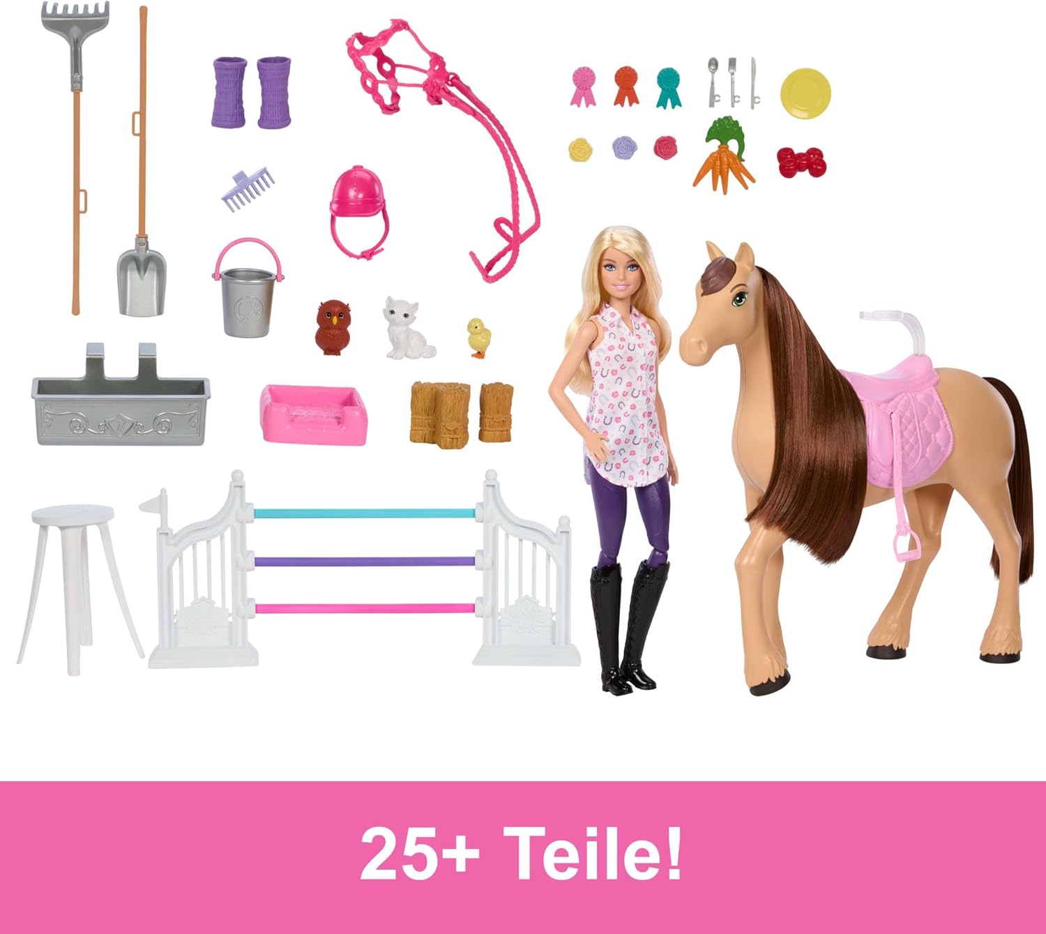Barbie Spielzeugstall-Spielset mit Puppe, Pferd und Zubehör, mehr als 25 Teile mit 6 Spielbereichen, inspiriert von Barbie Mysteries: Das geheimnisvolle Pferdeabenteuer“, HXJ44