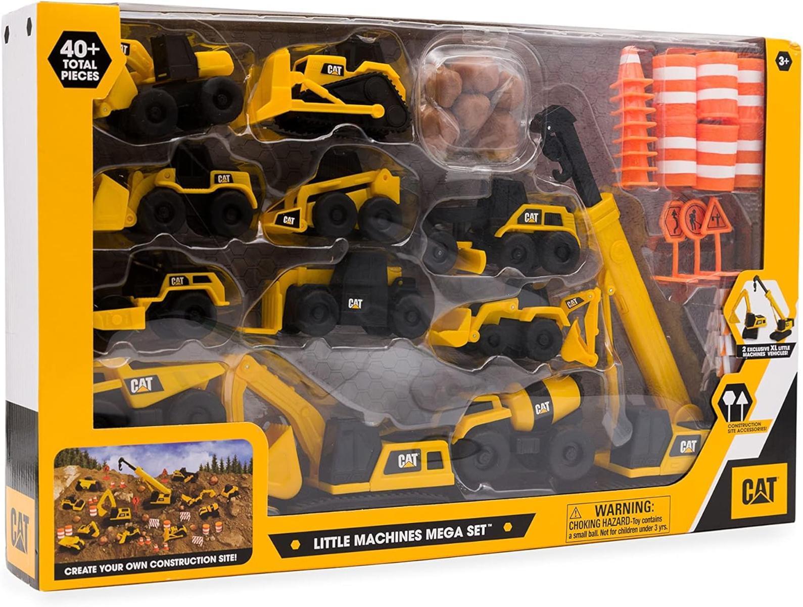 CAT® Construction Little Machines Mega-Set I Mit 40 Teilen I Enthält Fahrzeuge, einen Kran, Verkehrsschilder, Kegel, Blöcke und Zylinder I Für Kinder ab 3 Jahren, Yellow, 1:64