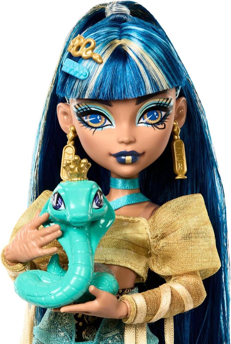 Monster High Cleo De Nile Puppe in goldener Bluse und mehrlagigem Rock  Accessoires HXH74 4+