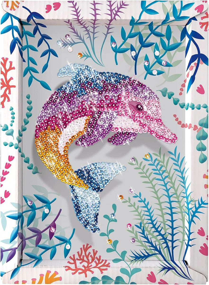 Lansay - COLLECTION SEQUINS - Delfin - Paillettenbild Bastelset für Kinder ab 7 Jahren - DIY Glitzermosaik inkl. Rahmen, bunten Pailletten & Nadeln - Kreative Zimmerdeko & Basteln Geschenkidee