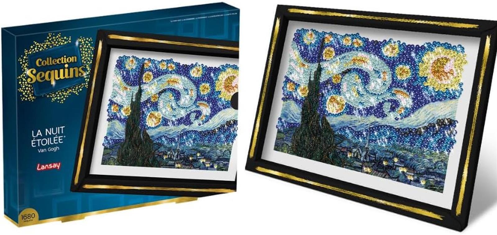 Lansay - COLLECTION SEQUINS - Die Sternennacht - Van Gogh - Gestalte ein glitzerndes Sequin-Bild von Van Gogh - Inklusive Aufbewahrungsfach - Kreative Aktivität für Erwachsene - Ab 14 Jahren