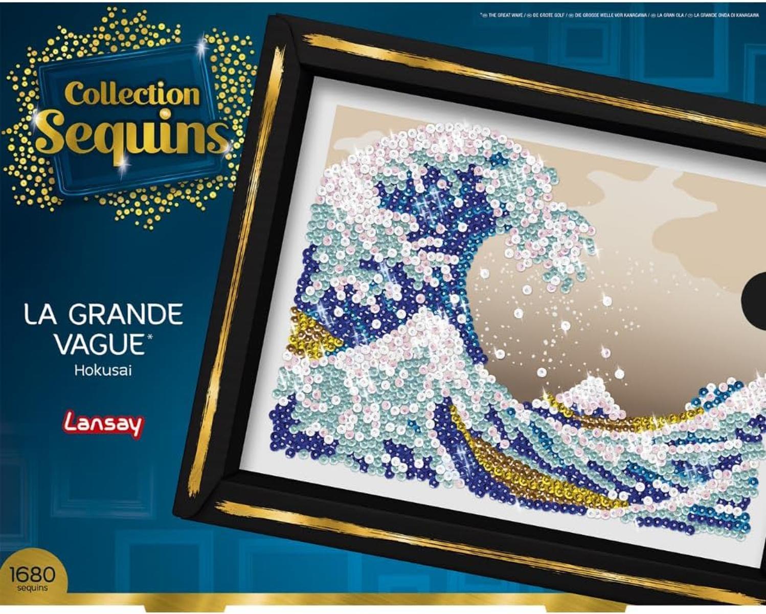 Lansay - COLLECTION SEQUINS - Hokusai Die Große Welle - Paillettenbild für Erwachsene & Jugendliche ab 14 Jahren - DIY Kunst-Set mit 1000+ Pailletten, Rahmen & Nadeln - Edle Wanddeko Geschenkidee