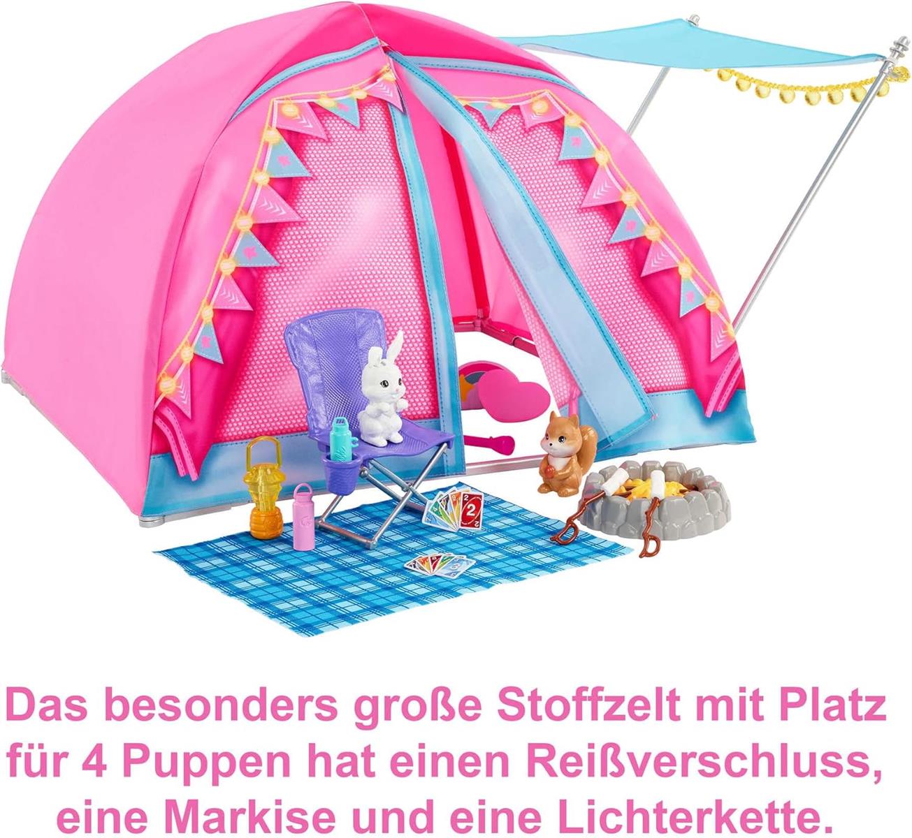 Barbie Abenteuer zu zweit Camping-Spielset mit Zelt, inkl. 2 Barbie Puppen, Barbie Camping Zubehör und Tiere, Geschenk für Kinder, Spielzeug ab 3 Jahre,HGC18