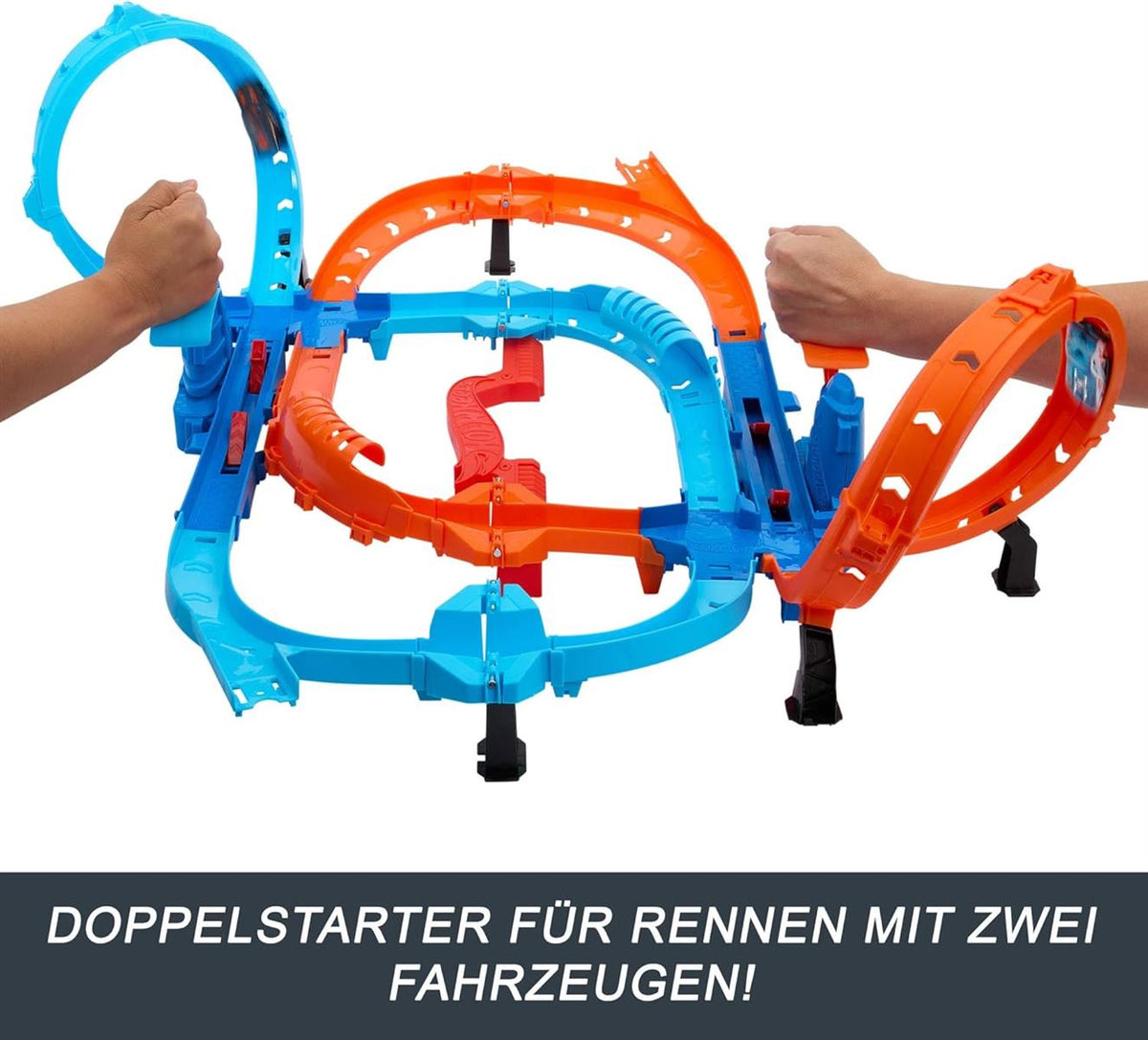 Hot Wheels Spielzeugauto Trackset, Ultra Hots Rasanter Wettkampfstart mit 2 Fahrzeugen im Maßstab 1:64, Kopf-an-Kopf-Rennen und Stunts, 2 manuell bedienbare Starter, HXR71