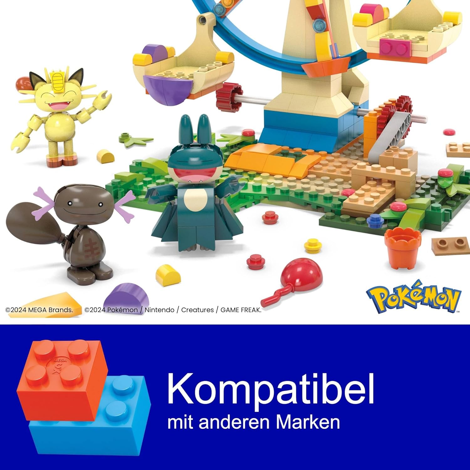 MEGA Pokémon Actionfigur Bauspielzeug, Spaß auf dem Riesenrad mit 393 Teilen und beweglichem Felori, Mampfaxo, Mauzi und Felino, für Kinder, HXF80