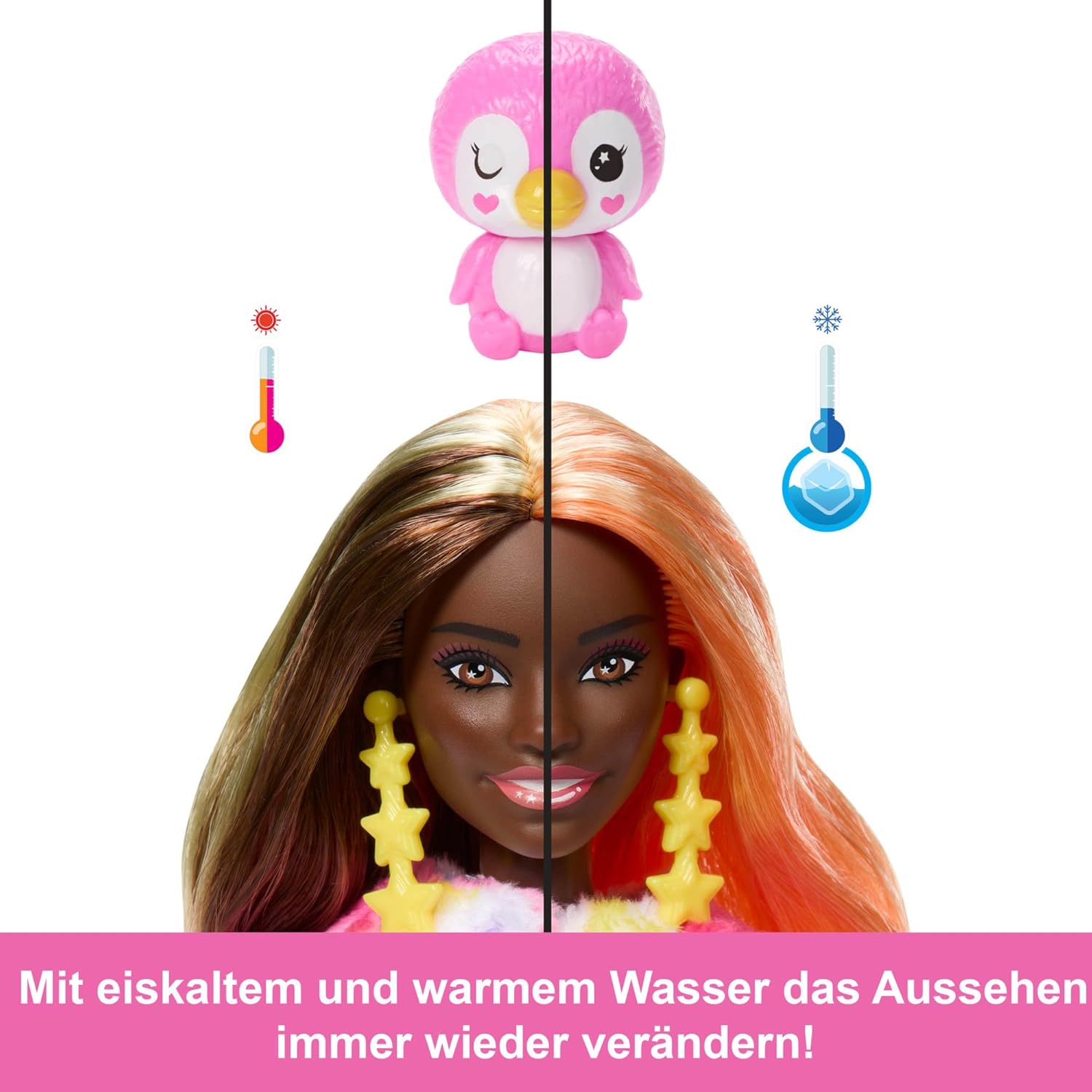 Barbie Cutie Reveal Puppe und Accessoires, Batik-Pinguin-Plüschkostüm und 10 Überraschungen mit Farbwechsel, Color Dream-Reihe, HRK40