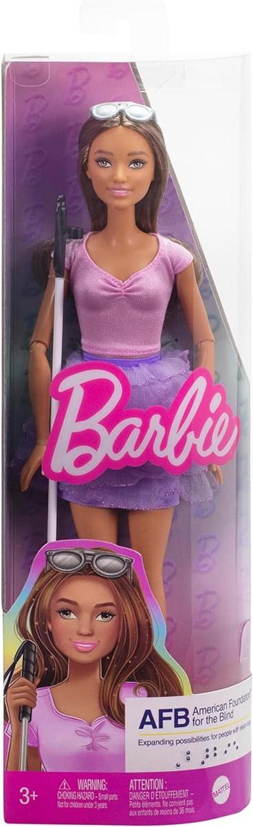 Barbie Fashionistas Puppe, blinde Barbie-Puppe mit pinkem Oberteil, Rock mit Rüschen, Blindenstock und Sonnenbrille, entwickelt in Partnerschaft mit „American Foundation for the Blind“, HRH17