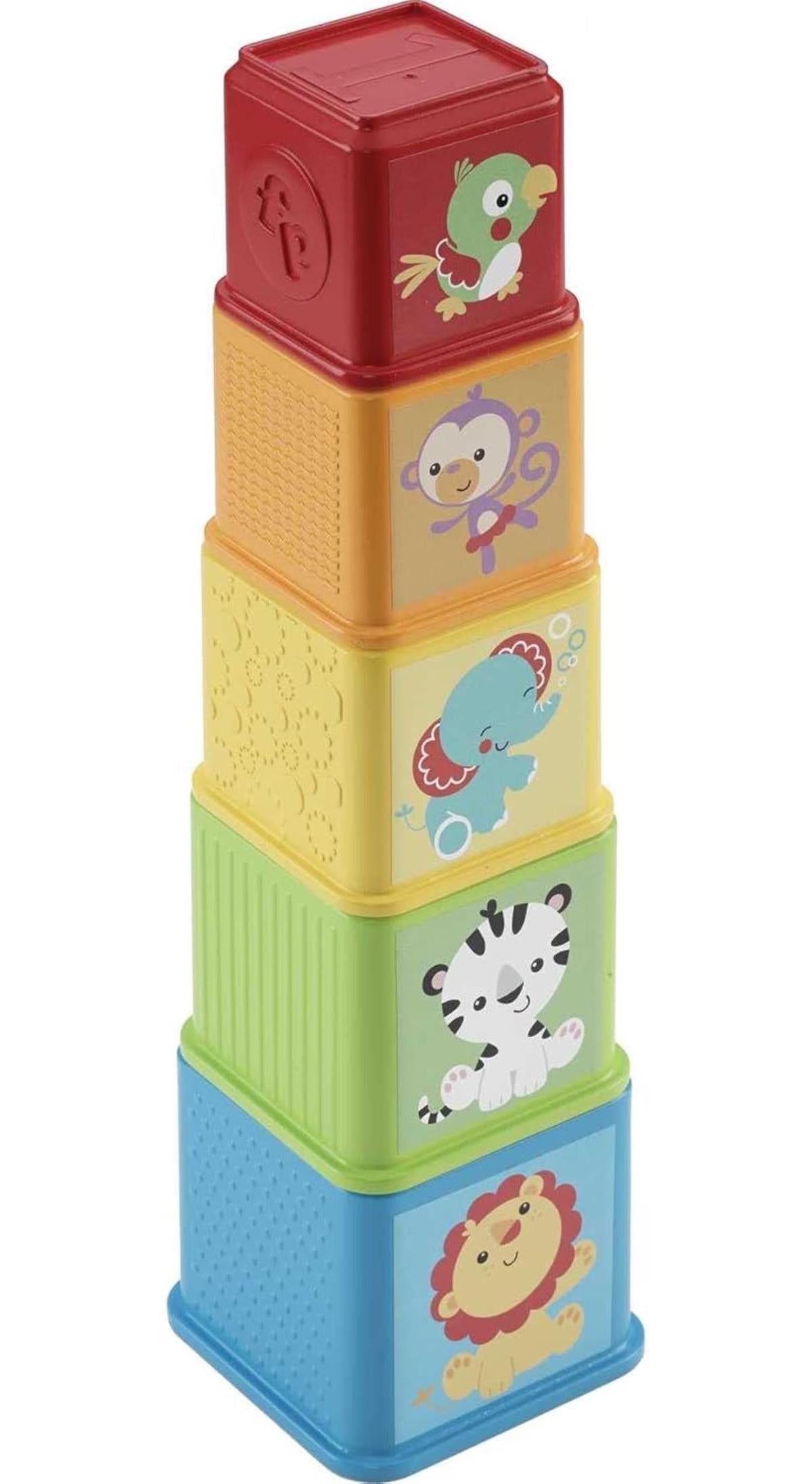 Fisher-Price Stack & Explore Blocks - 5 Würfel mit Strukturen, Figuren, Zahlen und Gegenständen zum Stapeln, Ineinanderstecken und Entdecken, für Kinder ab 6 Monaten, CDC52