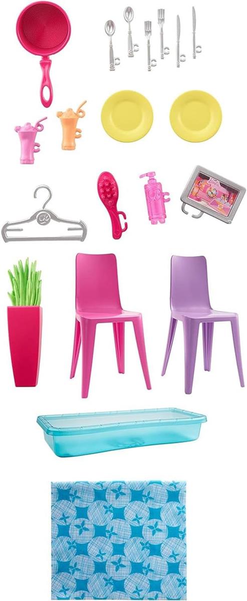 Barbie-Haus mit Küche, Schlafzimmer, Badezimmer, Pool, komplett eingerichtet Möbeln, verschließbar mit Aufbewahrungsgriff, Puppen, Geschenke für Kinder ab 3 Jahren, GWY84
