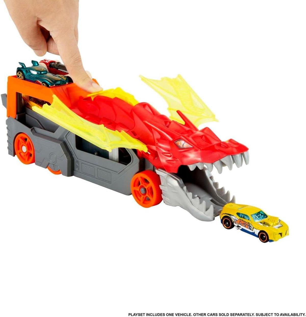 Hot Wheels City Spielzeugauto Track-Set, Drachen-Starter-Transporter und Auto im Maßstab 1:64, schießt Fahrzeuge aus Maul des Biests, zur Aufbewahrung von bis zu 5 Fahrzeugen
